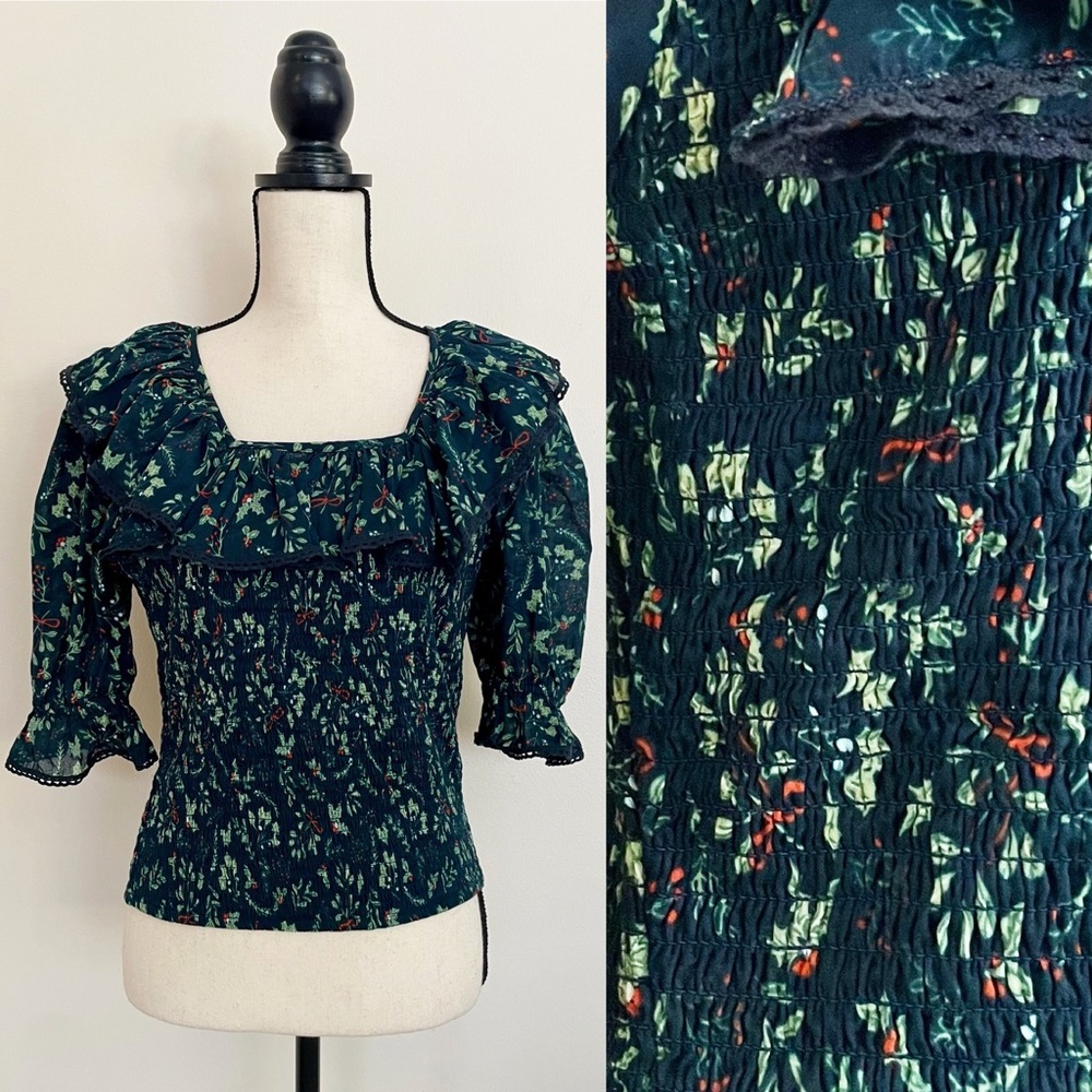 Ivy City Co. Holly Holiday Christmas Print Ruffle Square Neck Blouse
